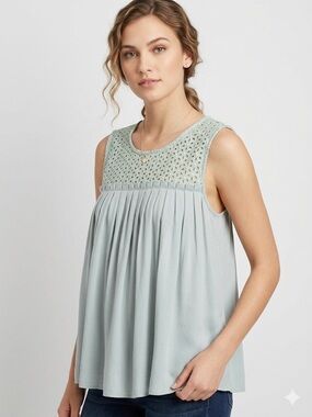 Maurices - Sleeveless Crochet Yoke Tank Top in Light Sage